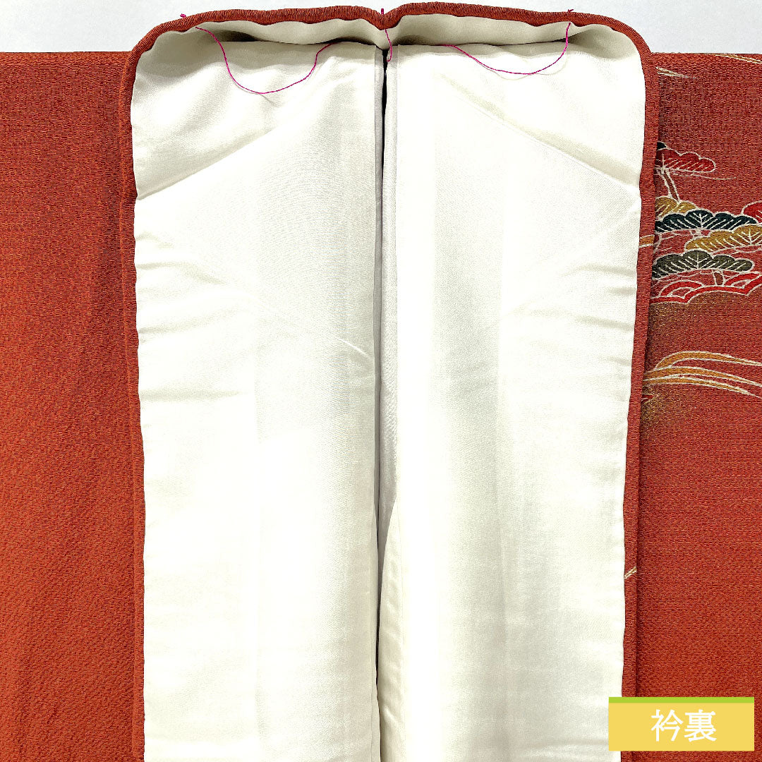 訪問着 正絹 袷 身丈165.5cm 裄丈65cm 弁柄色（べんがらいろ） 京友禅 茶屋辻風景模様 ちりめん地 Aランク 朱系 1112005923516