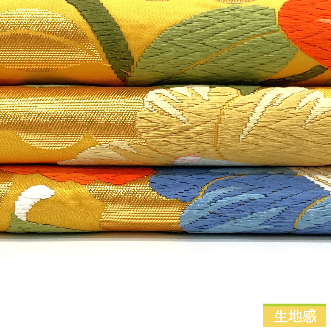 袋帯 正絹 Sランク 黄支子色（きくちなしいろ） 西陣織 唐織 椿  帯丈424cm 六通 フォーマル 黄系 1123017062323