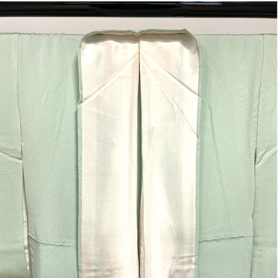 色留袖 身丈161.5cm 裄丈63cm 袷 錆青磁色 寿光織 風景模様 抱き茗荷 正絹 Bランク 三つ紋 緑系 1111000454419