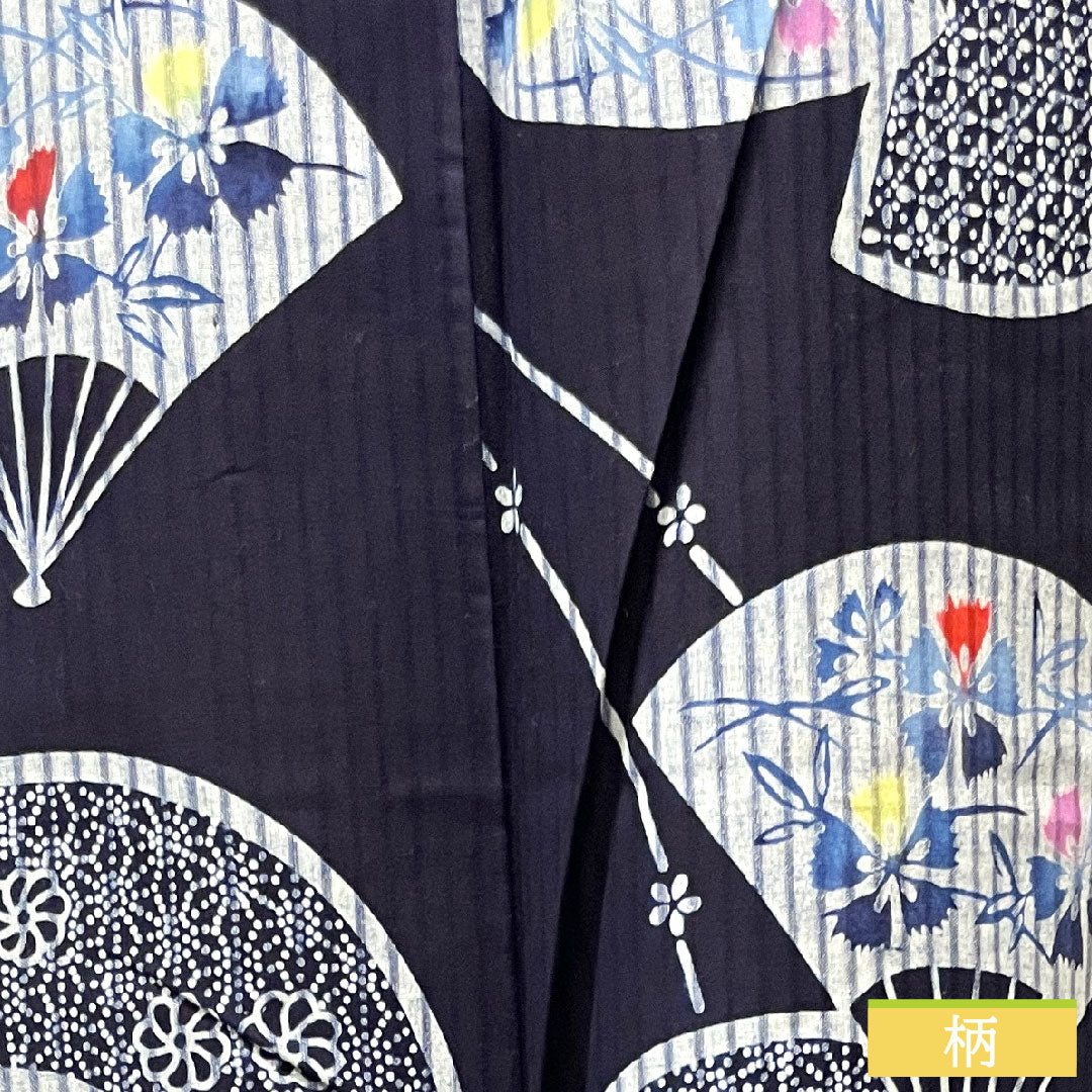 浴衣 木綿 身丈160cm 裄丈65.5cm Sランク 単衣 紺系 濃紺色（のうこんいろ） 扇子 草花模様  1118004522418