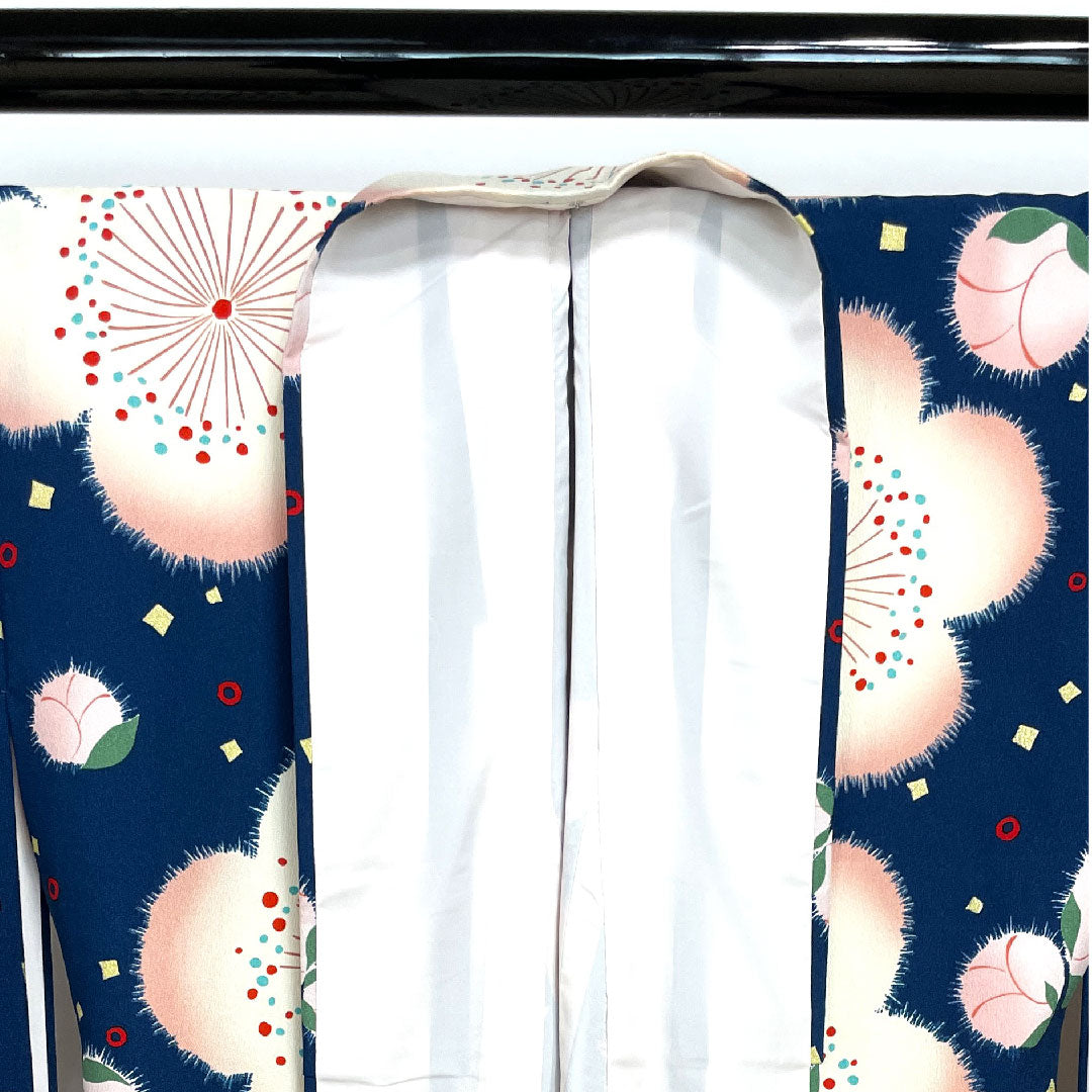 振袖 身丈169cm 裄丈67.5cm 袷  濃藍色 洗える着物 桜  ポリ Aランク 紺系 1113001113518