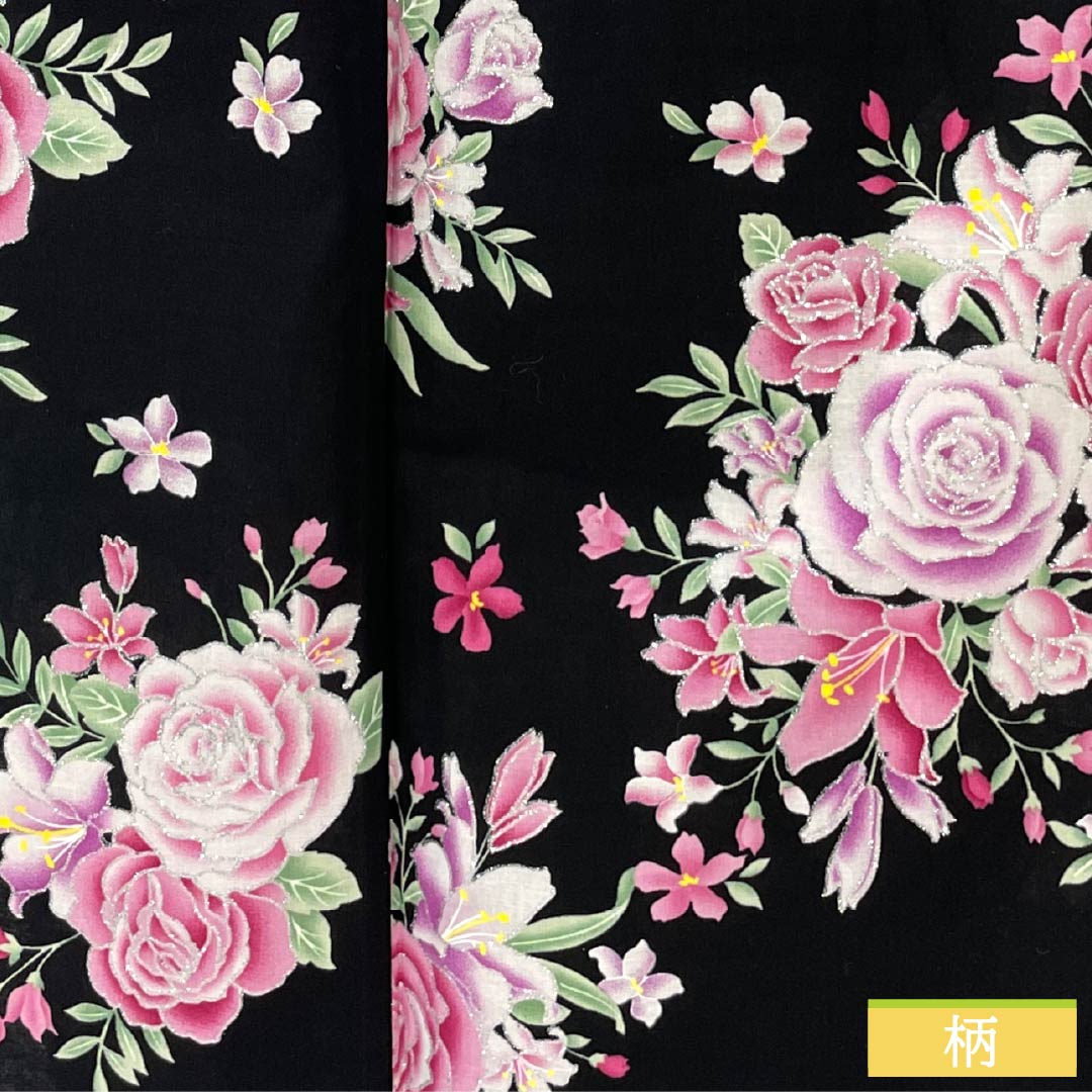 浴衣 木綿 身丈163cm 裄丈64.5cm Sランク 単衣 黒系 薔薇 ラメ 1118006062410