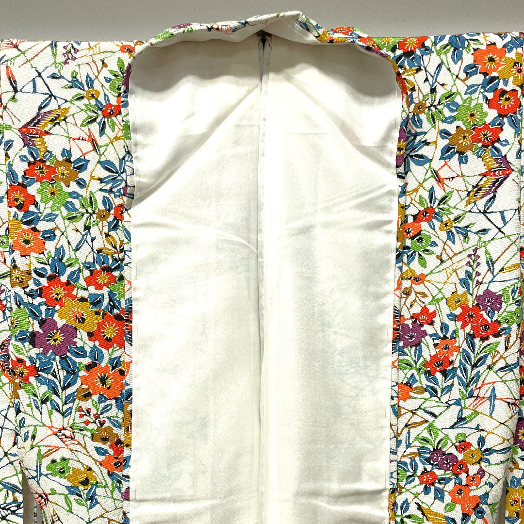 小紋 身丈156cm 裄丈60cm 袷  胡粉色 草花模様  正絹 Aランク 白系 1115003073311