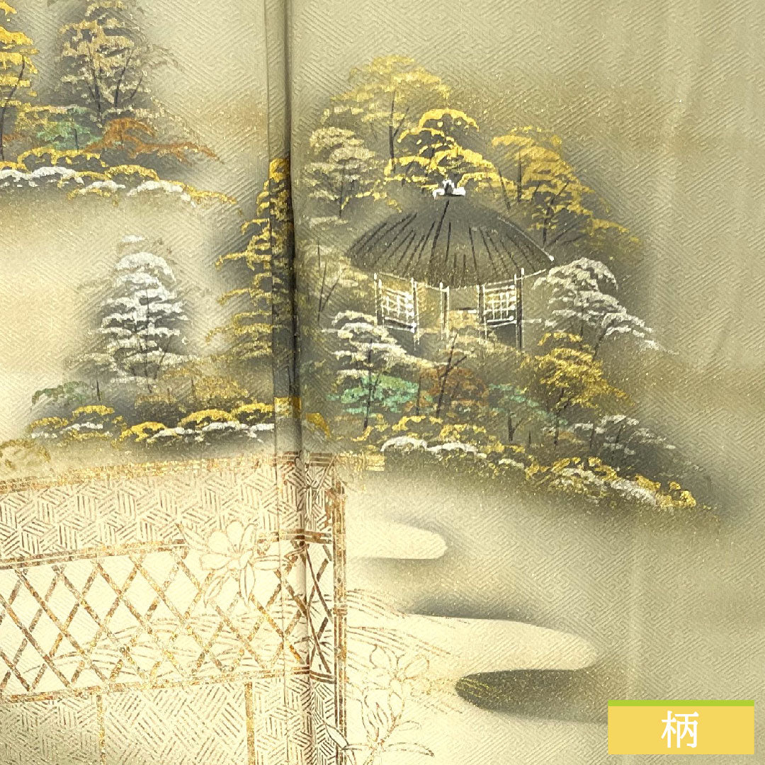 色留袖 正絹 身丈159cm 裄丈68cm 袷 亜麻色（あまいろ） 京友禅 風景模様 一つ紋 剣片喰 しつけ糸付き 未使用品 Sランク ベージュ系 1111001352325