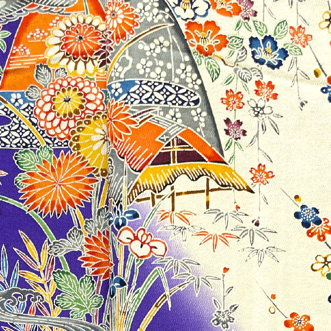 振袖 身丈162cm 裄丈65cm 袷  京紅型 松竹梅 菊 風景模様  正絹 Sランク 白系 1113001632411