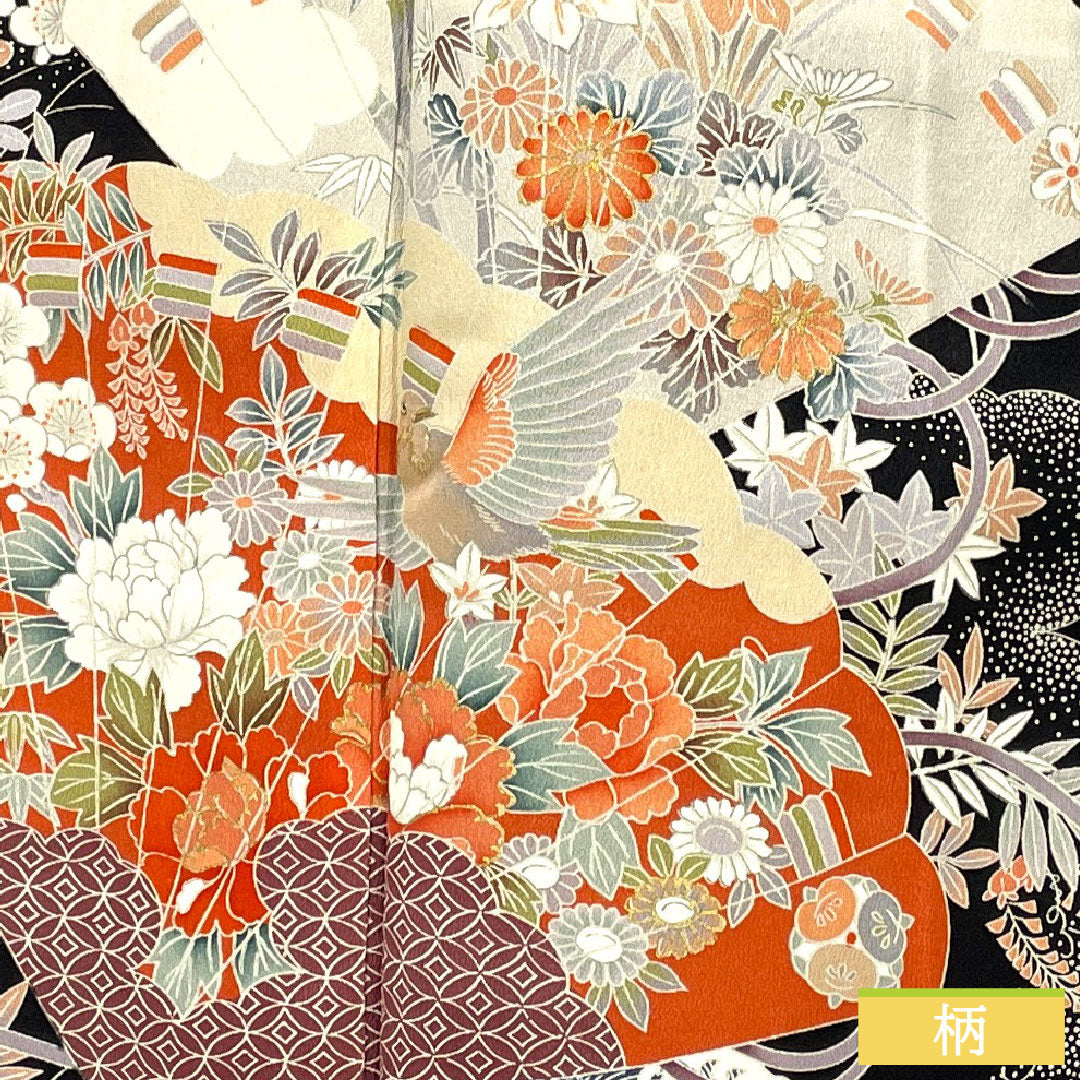Black formal kimono, pure silk, length 164.5cm, sleeve length 63cm, lined, Kyoto yuzen, wave, fan, plum, five crests, five-three paulownia, A rank, black, 1111001523410