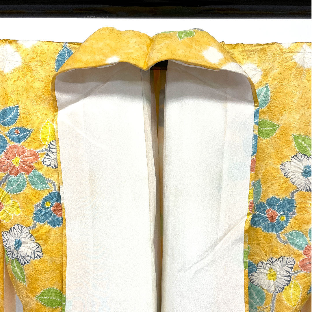 小紋 身丈159cm 裄丈63cm 袷  絞り 草花模様  正絹 Bランク 黄系 1115001924323