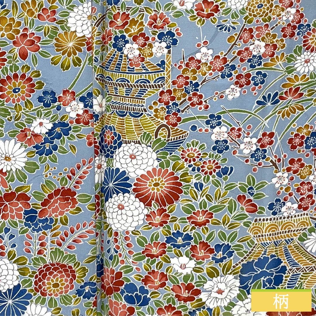 Small pattern, pure silk, length 156.5cm, sleeve length 64cm, lined, Kinuta celadon color, flower basket, rank S, light blue, 1115005792324