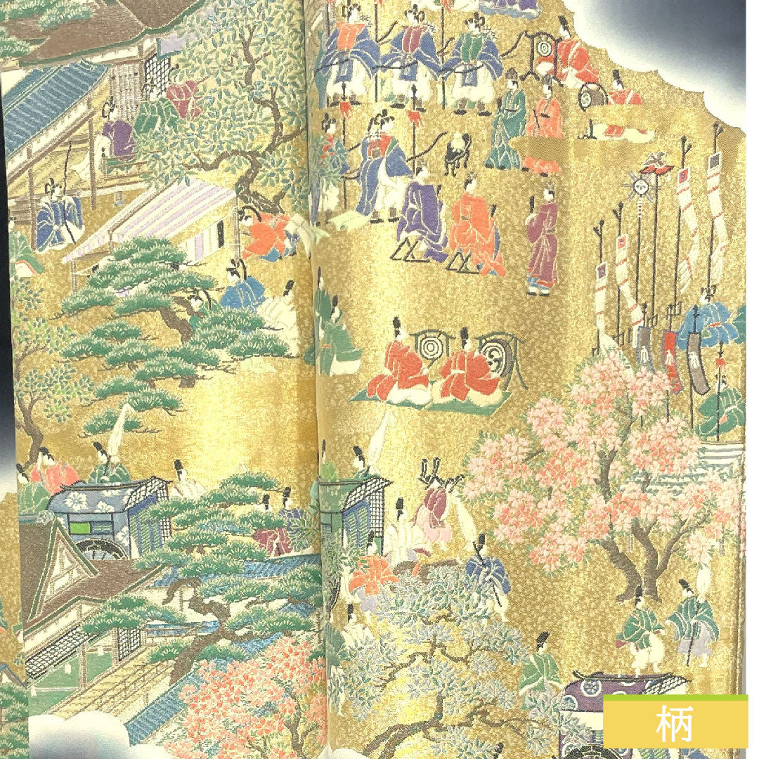 Black formal kimono, pure silk, length 156.5cm, sleeve length 63cm, lined, Kotobuki weave, historical figures and landscapes, new repelling processing, five crests, different hawk feathers, S rank, black, 1111001332310