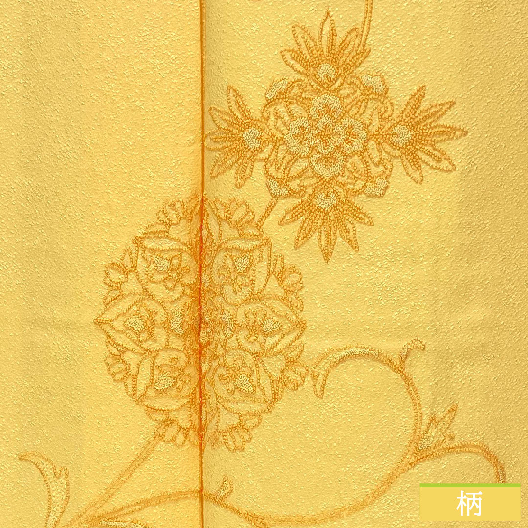 Homongi, pure silk, lined, length 159.5cm, sleeve length 61cm, light tangerine color, Sagara embroidery, floral pattern, one crest, quince, S rank, yellow, 1112005082323