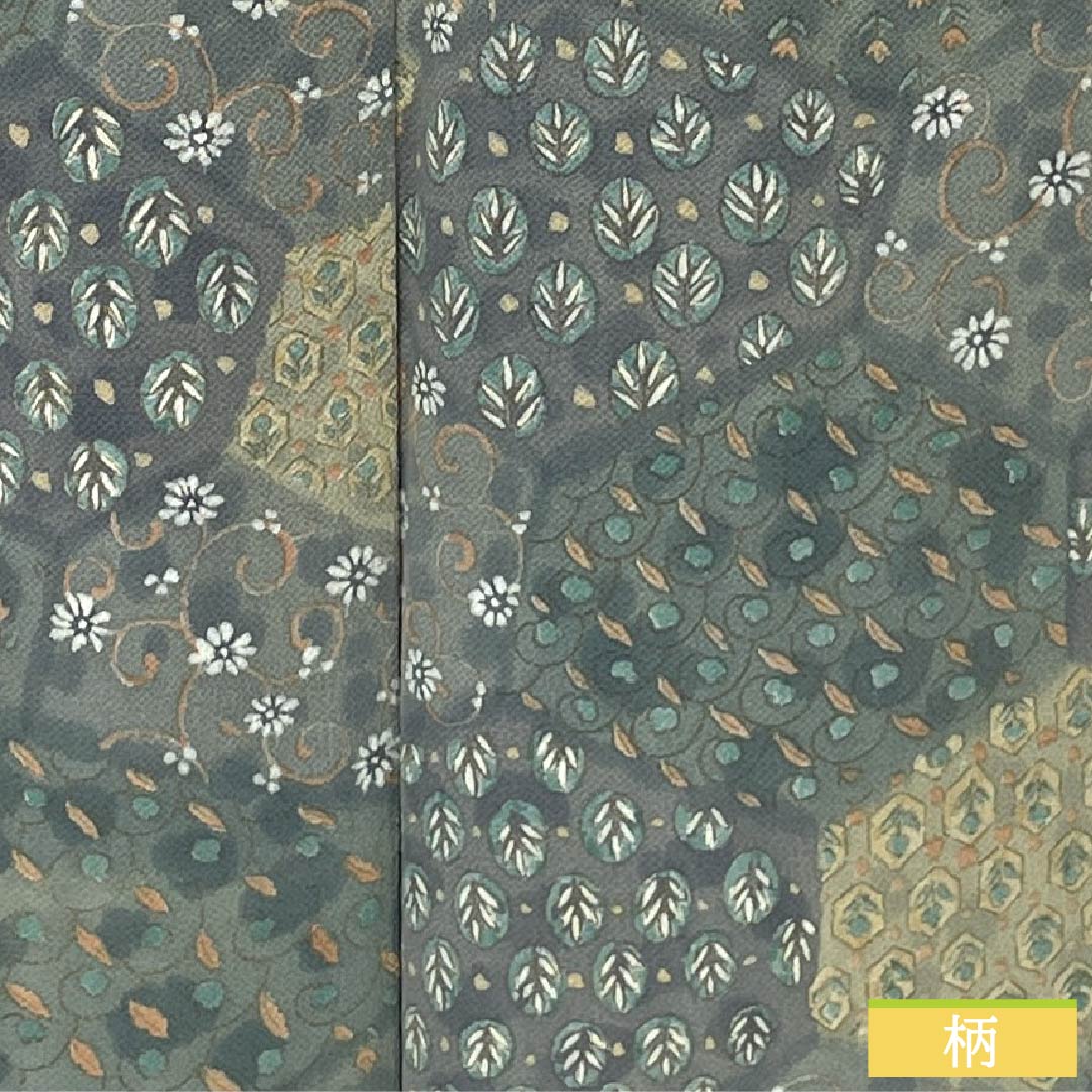 Komon silk S-rank kimono, length 159cm, sleeve length 64cm, lined, Rikyu gray (Rikyu Nezumiiro) crepe fabric, split, chintz, stencil dyed, green, 1115006522319
