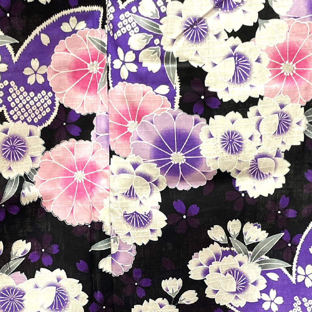 浴衣 蝶 桜 木綿 Sランク 単衣 身丈167cm 裄丈65cm 黒系 1118003712510