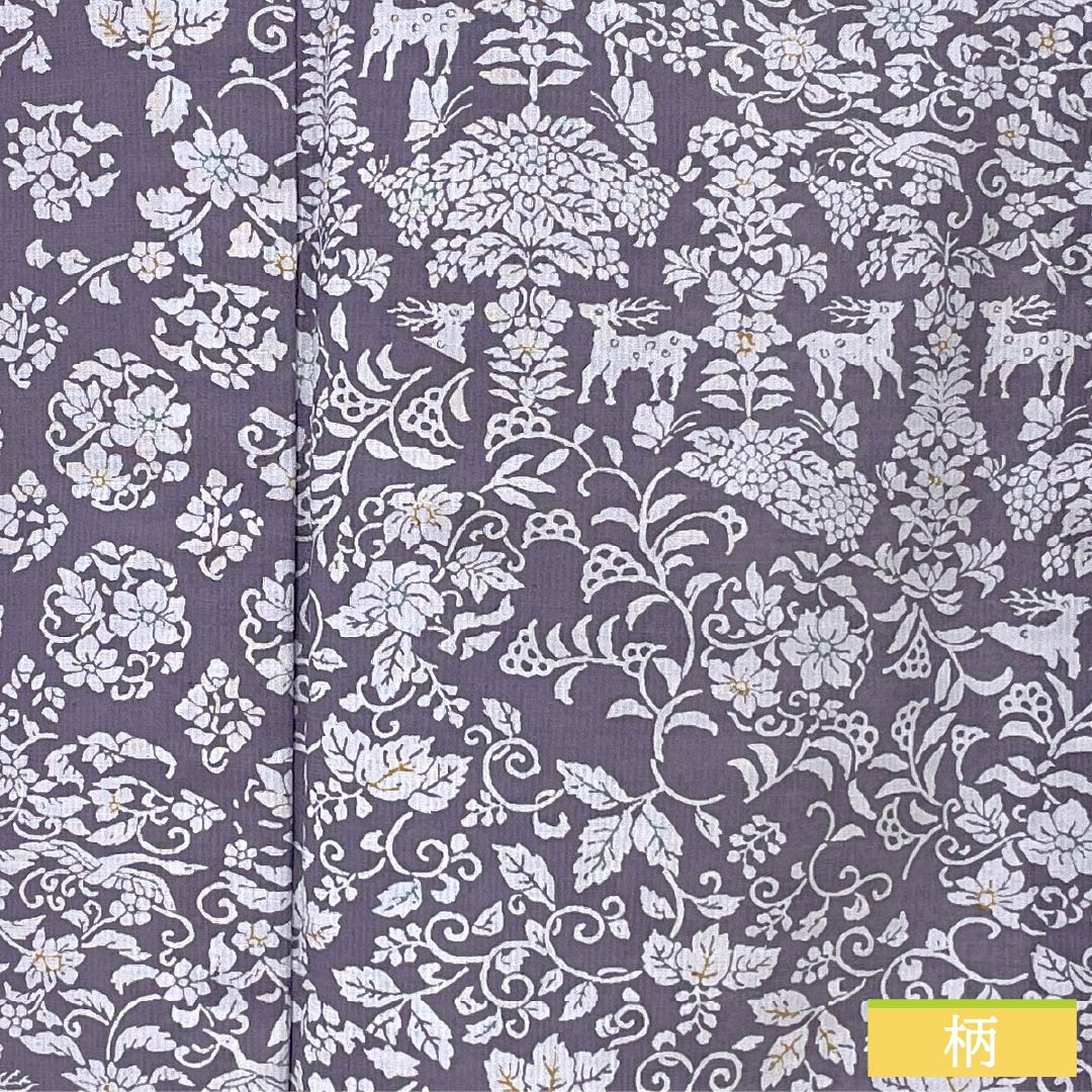 夏物 ポリエステル 小紋 身丈165.5cm 裄丈64.5cm 滅紫色（けしむらさきいろ） 割付 更紗模様 洗える着物 紗 Sランク 紫系 1132002152520