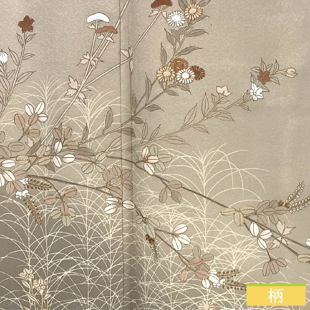 訪問着 正絹 Aランク 袷 身丈165.5cm 裄丈64cm 砥粉色（とのこいろ） 京友禅 ススキ 草花 萩 ベージュ系 1112007253525