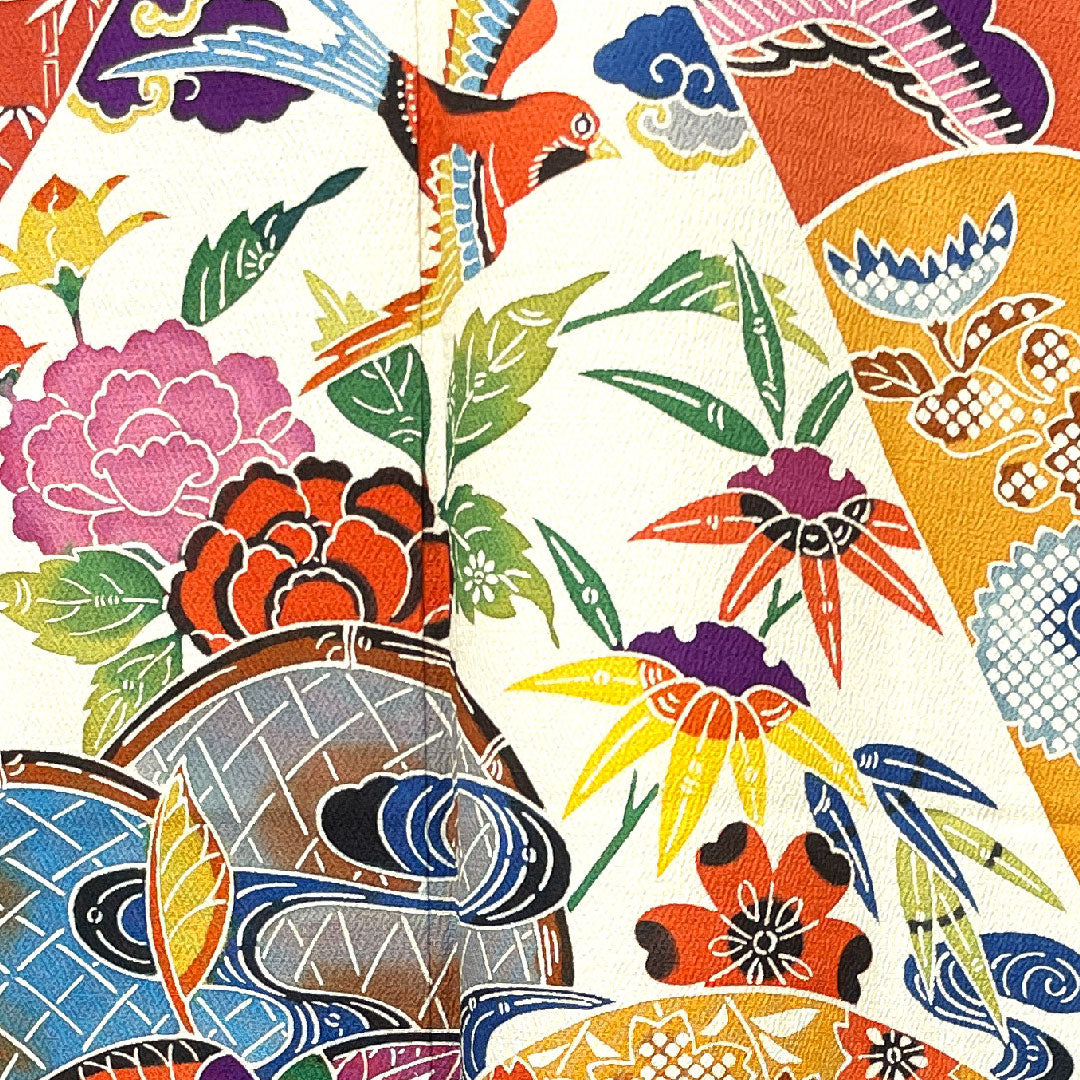 振袖 身丈160cm 裄丈65cm 袷  瑠璃色 京紅型 吉祥文様  正絹 Aランク 紺系 1113001753418