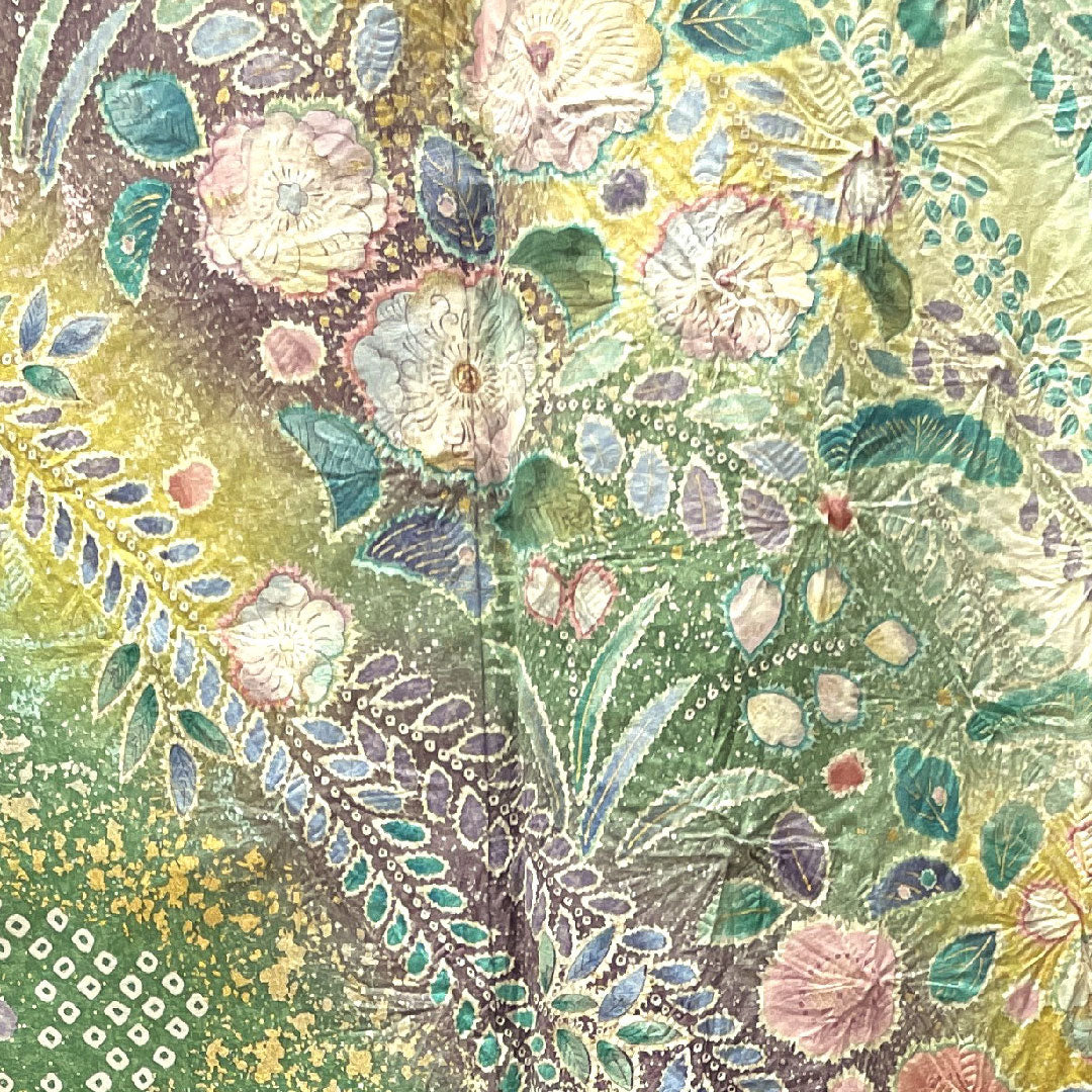 Homongi, lined, length 157.5cm, sleeve length 63cm, wasabi color, with basting thread, unused, Kyo-Yuzen, Tsujigahana, pure silk, S rank, green, 1112002702319