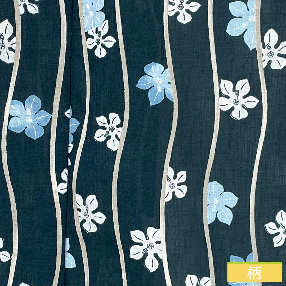 夏物 ポリエステル 小紋 身丈167cm 裄丈69cm 高麗納戸色（こうらいなんどいろ） よろけ縞 花 洗える着物 紗 Sランク 青系 1132002352517