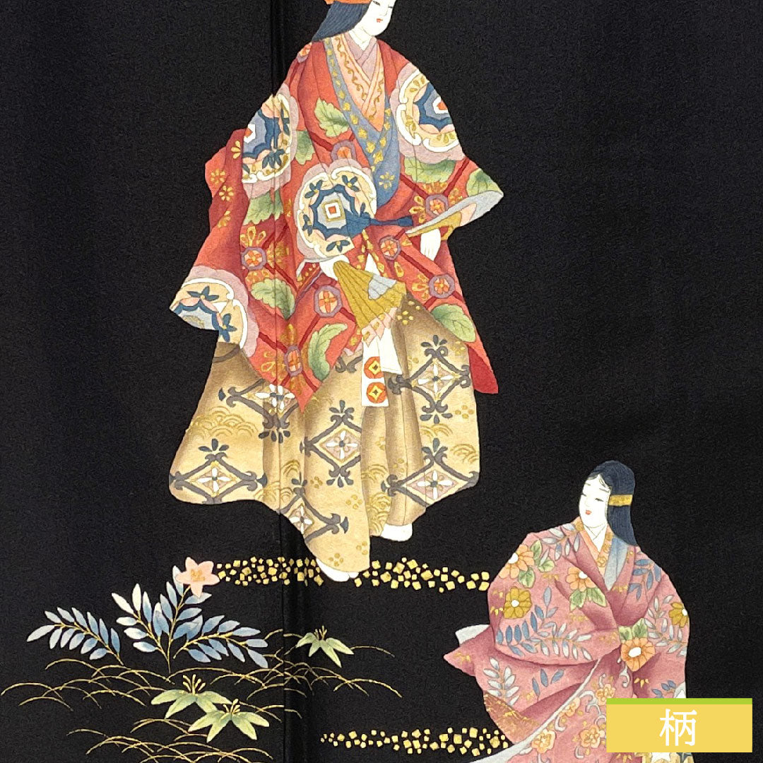 Black formal kimono, pure silk, length 164cm, sleeve length 69cm, lined, by artist, Kyoto yuzen, period figure, five crests, five-three paulownia, A rank, black, 1111001463410