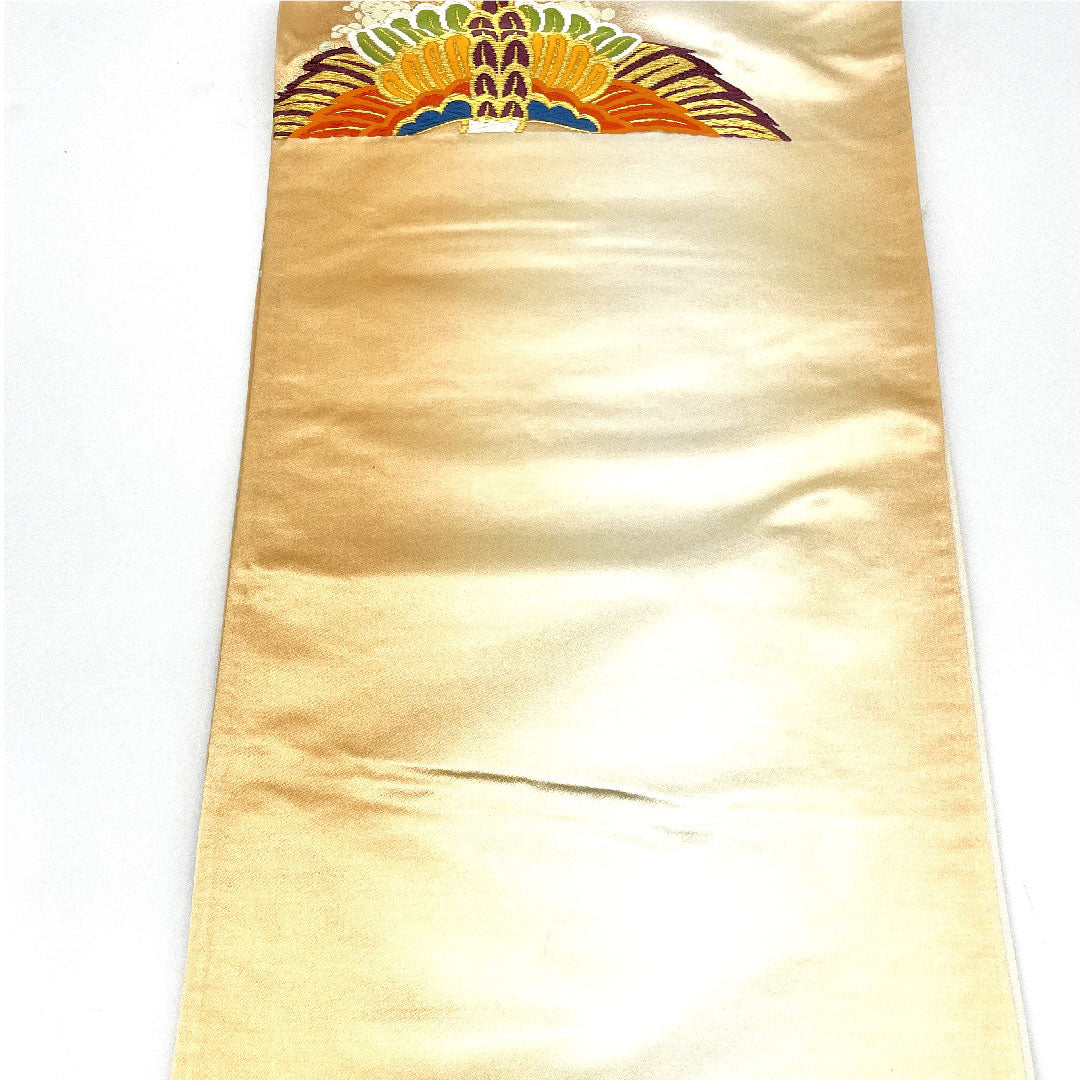 （未仕立）袋帯 向かい鶴 帯丈416cm 正絹 Aランク 六通 フォーマル 金系 1123003693321