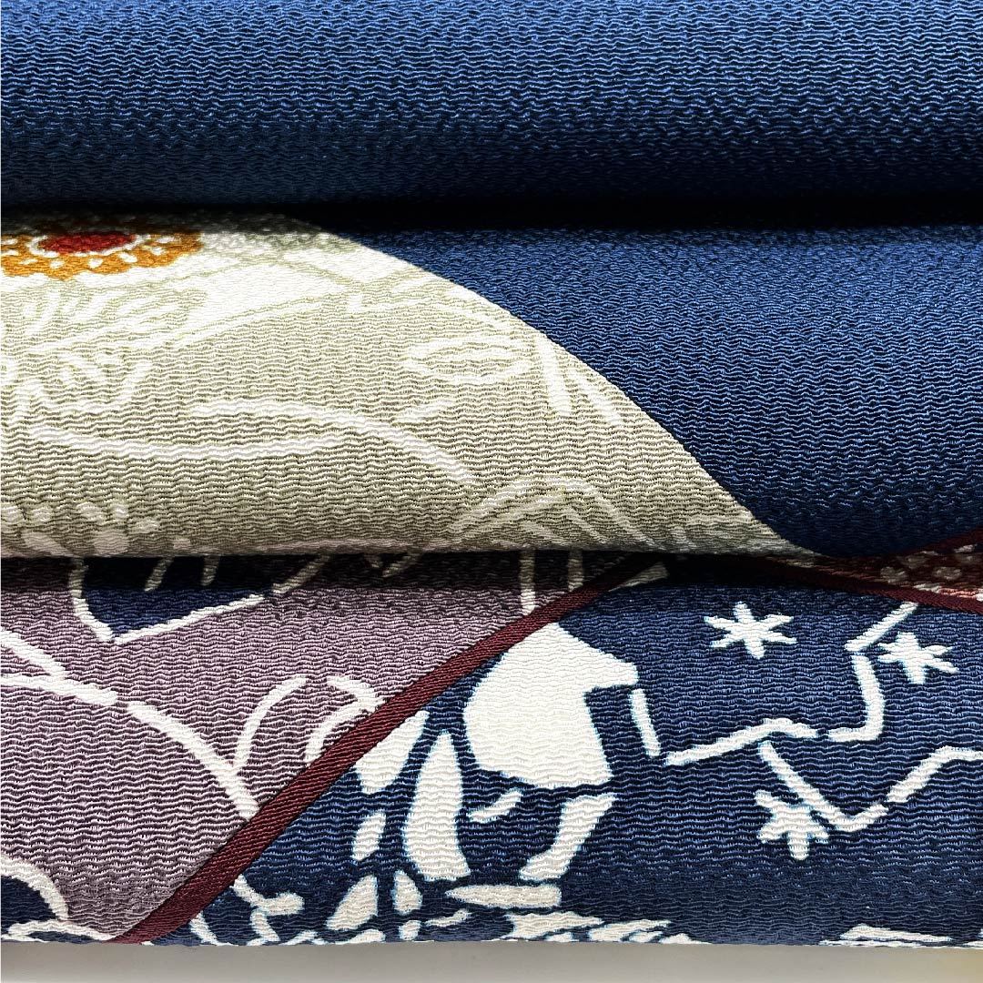 袋帯 紺鉄色（こんてついろ） 栗山工房 切りばめ風 花柄 葡萄 帯丈459cm 正絹 Sランク 六通 カジュアル 青系 1123009492417