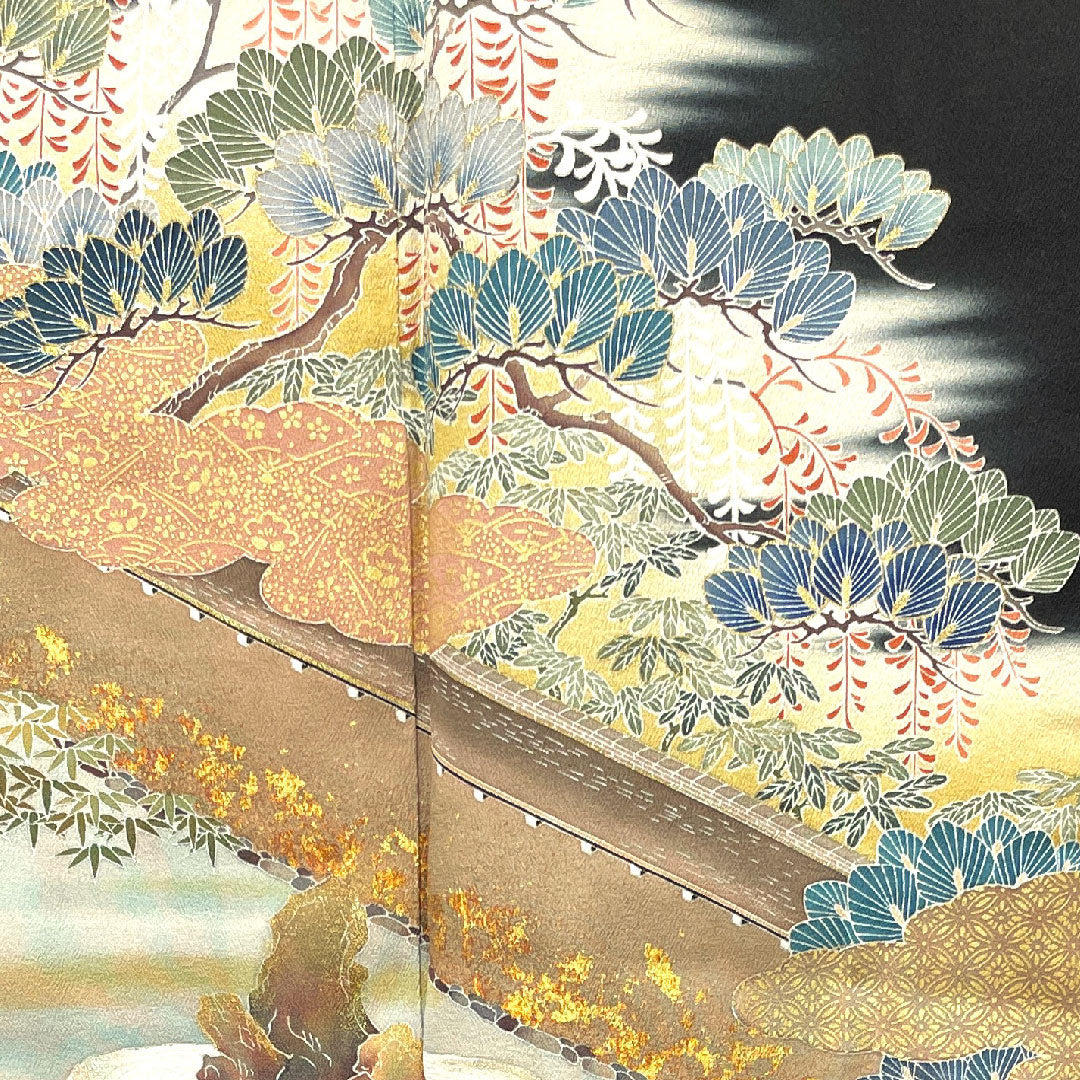 黒留袖 身丈152cm 裄丈63cm 袷 作家物 京友禅 石庭模様 桔梗 正絹 Aランク 五つ紋 黒系 1111000923210