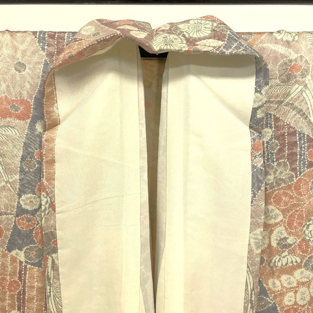 小紋 身丈164cm 裄丈64cm 袷  裂取り 花・芒模様  正絹 Sランク ピンク系 1115000732313