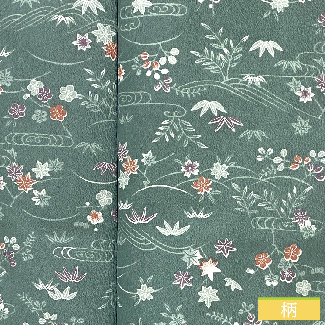 小紋 ポリエステル 身丈158.5cm 裄丈63cm 袷 山藍摺色（やまあいずりいろ） 洗える着物 草木模様 Aランク 緑系 1115005143319