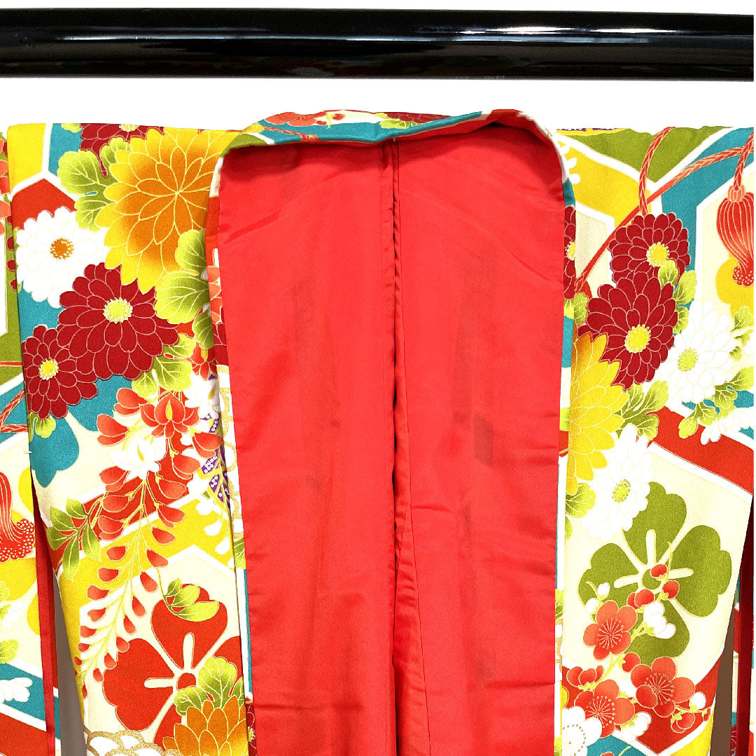 振袖 身丈170.5cm 裄丈67.5cm 袷  洗える着物 亀甲 菊 梅 藤  ポリ Sランク グラデ 1113001012699