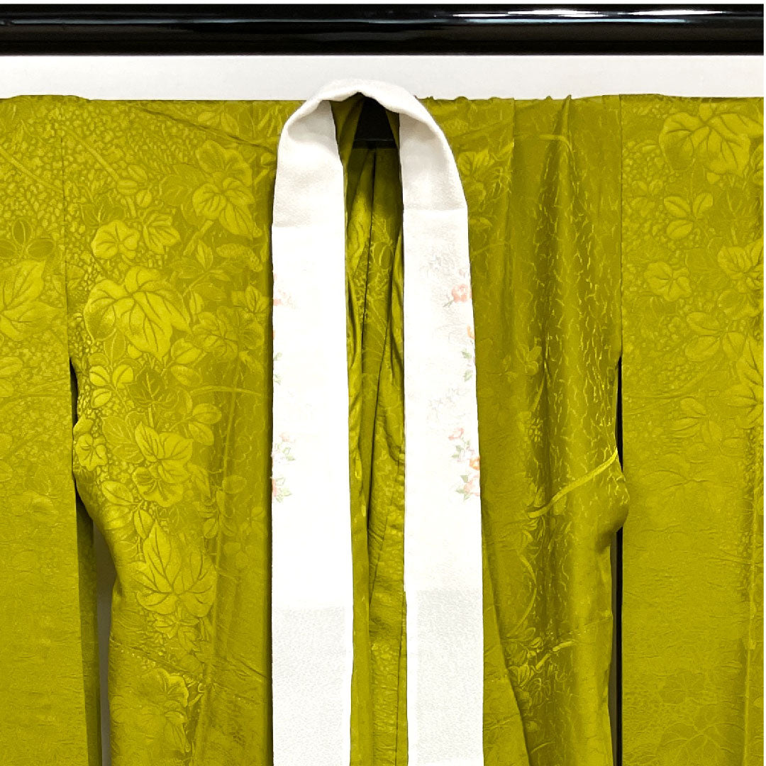 長襦袢 正絹 身丈115.5cm 裄丈66cm 単衣  朽葉色 振袖用 草花模様  Sランク 緑系 1129000302119