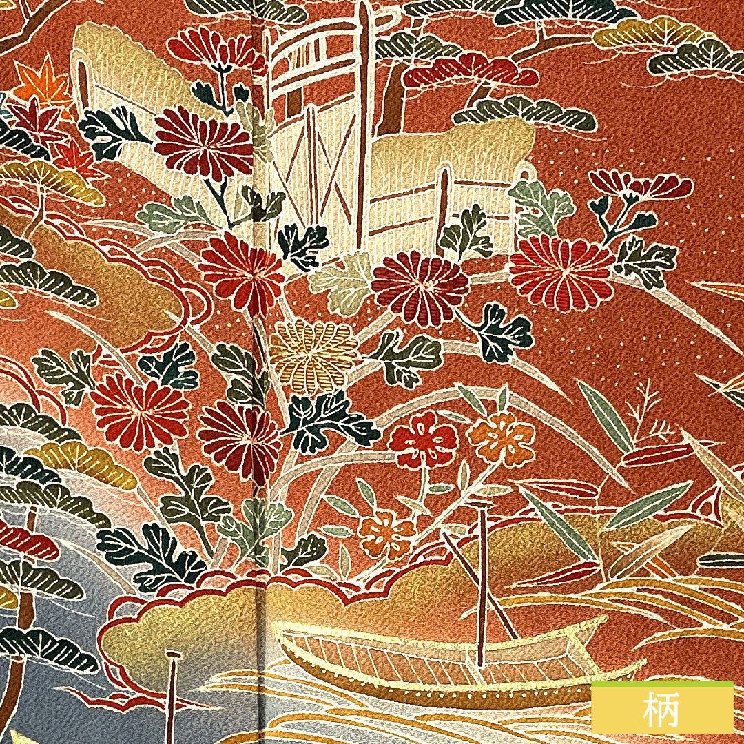 訪問着 正絹 袷 身丈165.5cm 裄丈65cm 弁柄色（べんがらいろ） 京友禅 茶屋辻風景模様 ちりめん地 Aランク 朱系 1112005923516