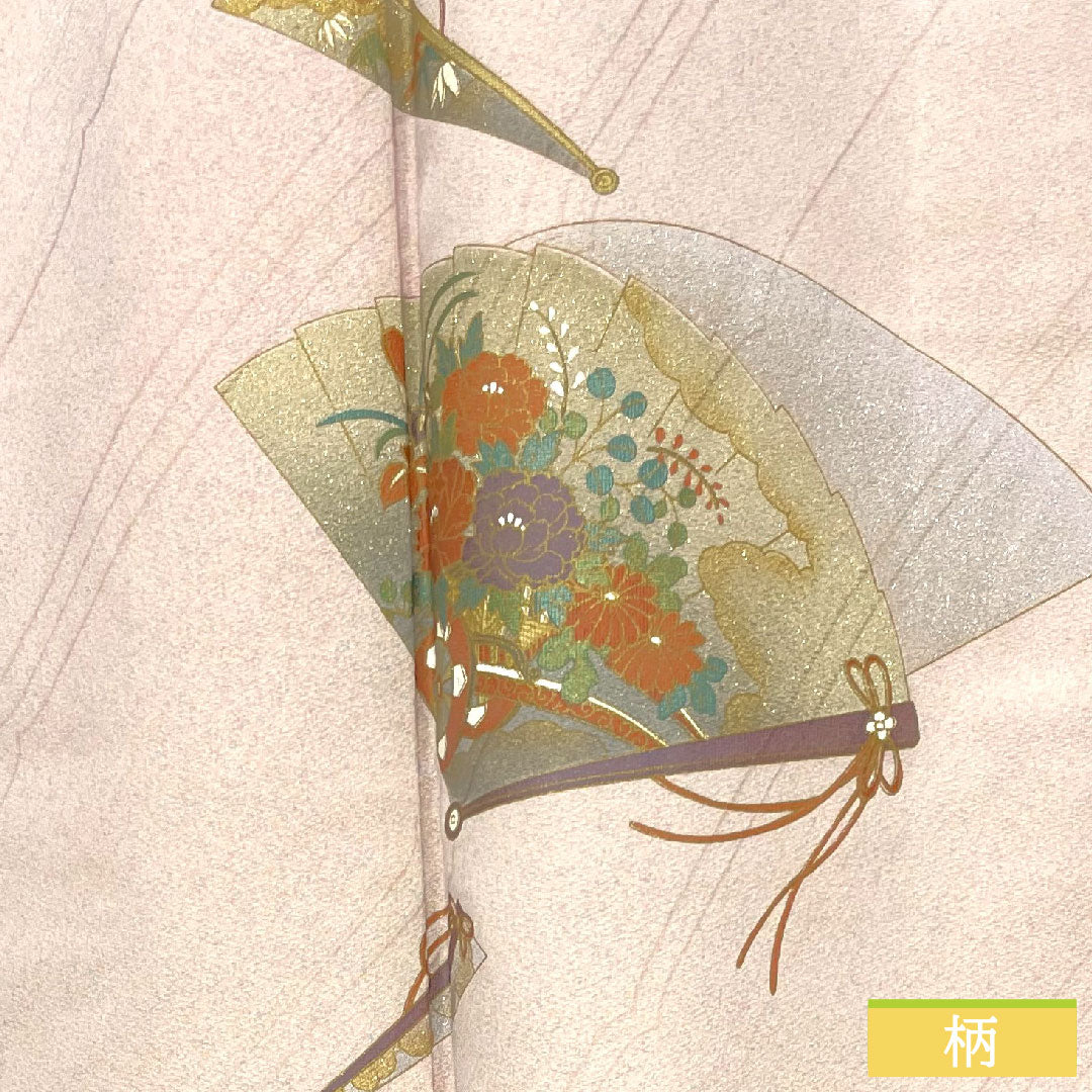 Homongi (formal kimono) made of polyester, lined, length 159cm, sleeve length 63cm, cherry blossom color, washable kimono, fan, half-collar included, S rank, pink, 1112004382313