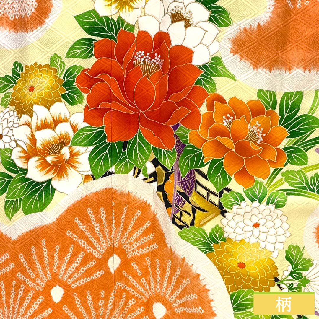 訪問着 正絹 Aランク 袷 身丈158cm 裄丈62cm 赤橙色（あかだいだいいろ） 京友禅 絞り 吉祥文様 入子菱 花 橙系 1112007513326