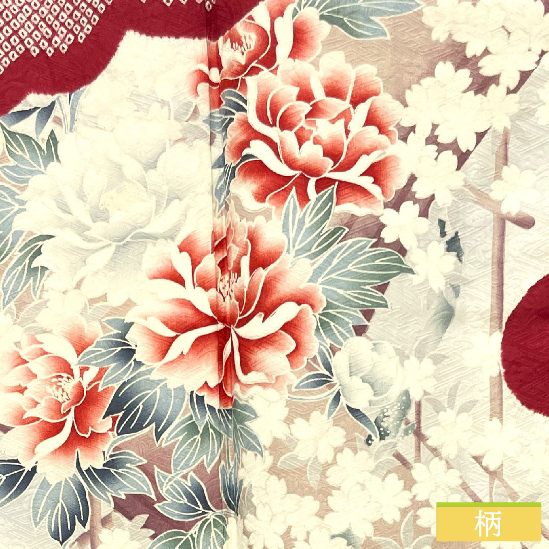 Furisode, pure silk, length 163.5cm, sleeve length 65cm, lined, crimson, Kyo-Yuzen, tie-dye, cherry blossom, rose, S rank, red, 1113001992412