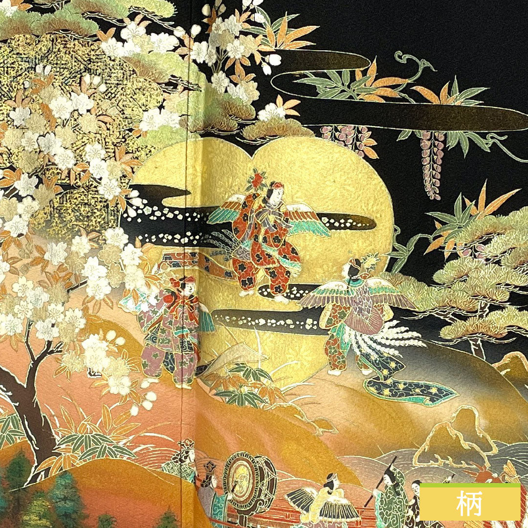 Black formal kimono, pure silk, length 161cm, sleeve length 62cm, lined, Kyoto Yuzen, Tale of Genji, artist's work, five crests, circle with diamonds, A rank, black, 1111001483410