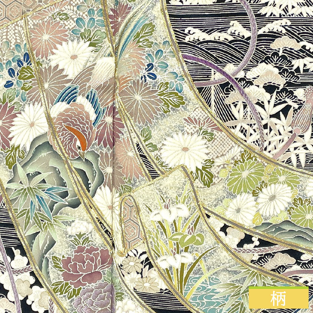 Black formal kimono, pure silk, length 154cm, sleeve length 61.5cm, lined, Kyoto Yuzen, pine, bamboo and plum, folding screen, five crests, circle with ivy, A rank, black, 1111001653210
