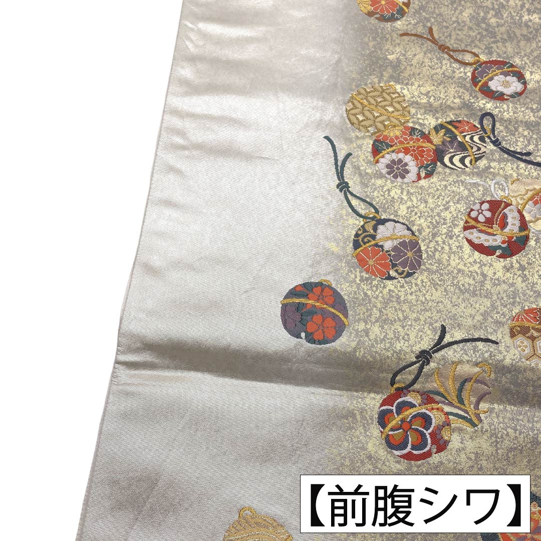 袋帯 正絹 Aランク 銀色（ぎんいろ） 引箔 入卒式 鈴 古典柄 帯丈442cm 六通 セミフォーマル 銀系 1123018473322