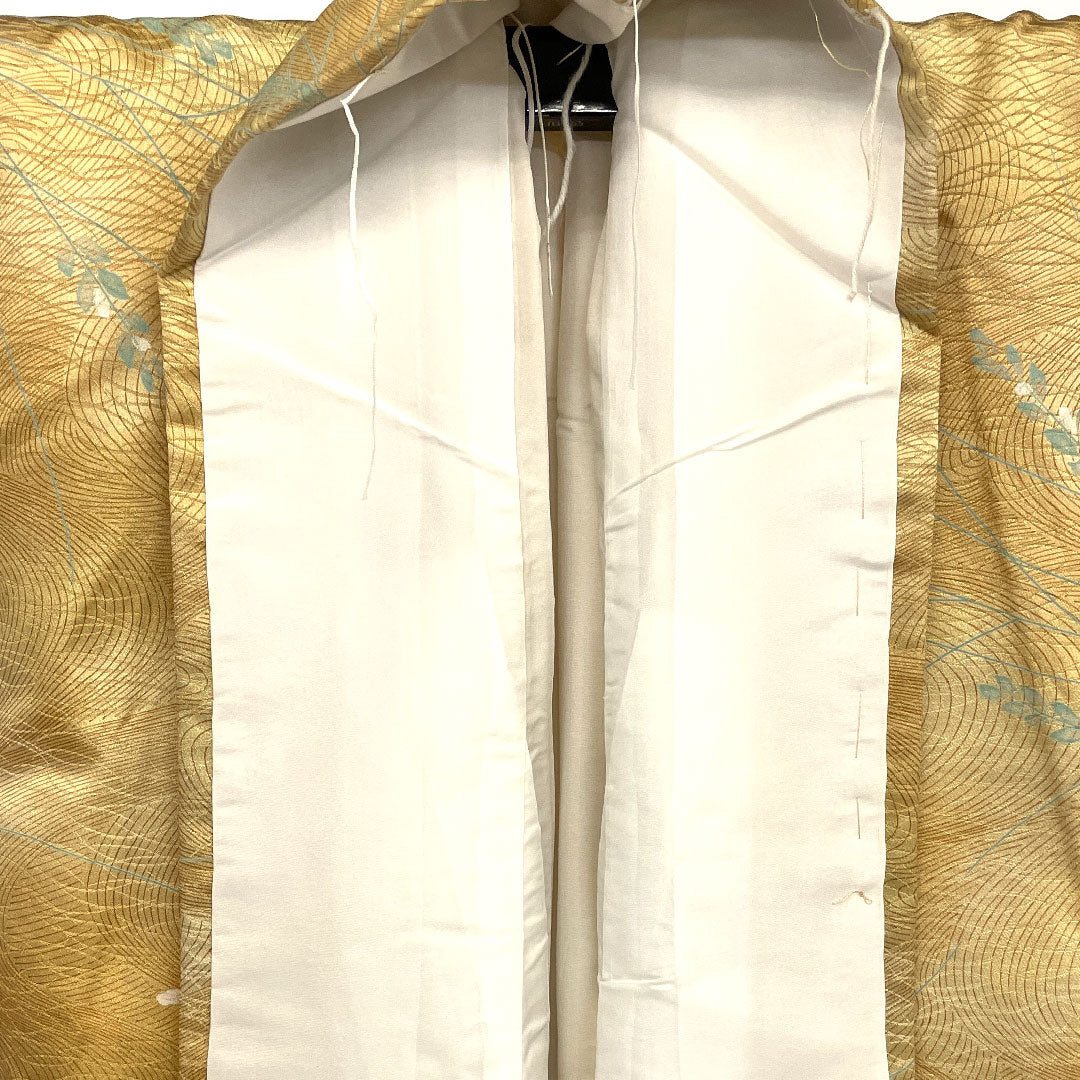 小紋 身丈147.5cm 裄丈61.5cm 袷  洗える着物 流水に葉 ポリ Aランク 黄系 1115000213123