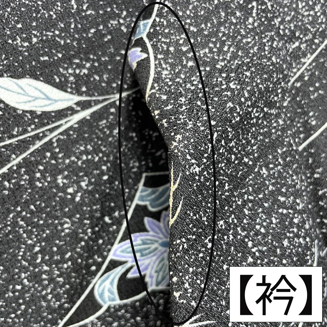 小紋 ポリエステル Aランク 身丈154.5cm 裄丈64.5cm 単衣 洗える着物 草花模様 黒系 1115008183210