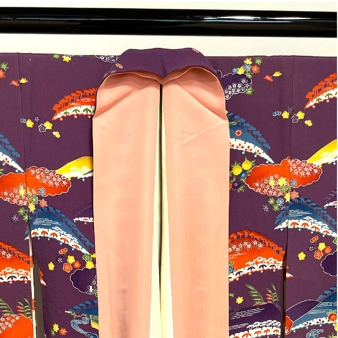 振袖 身丈155cm 裄丈63cm 袷  織葡萄色 型染 遠山 草花模様  正絹 Aランク 紫系 1113000923320