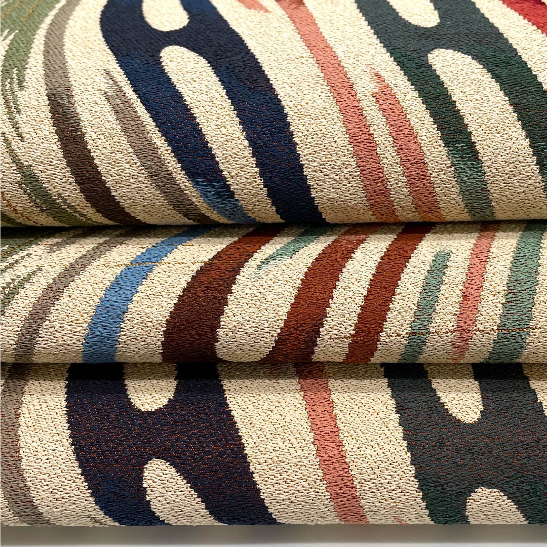 袋帯 灰緑色（はいみどりいろ） 白綾苑大庭 幾何学模様 帯丈430cm 正絹 Aランク 六通 カジュアル グラデーション系 1123009393399