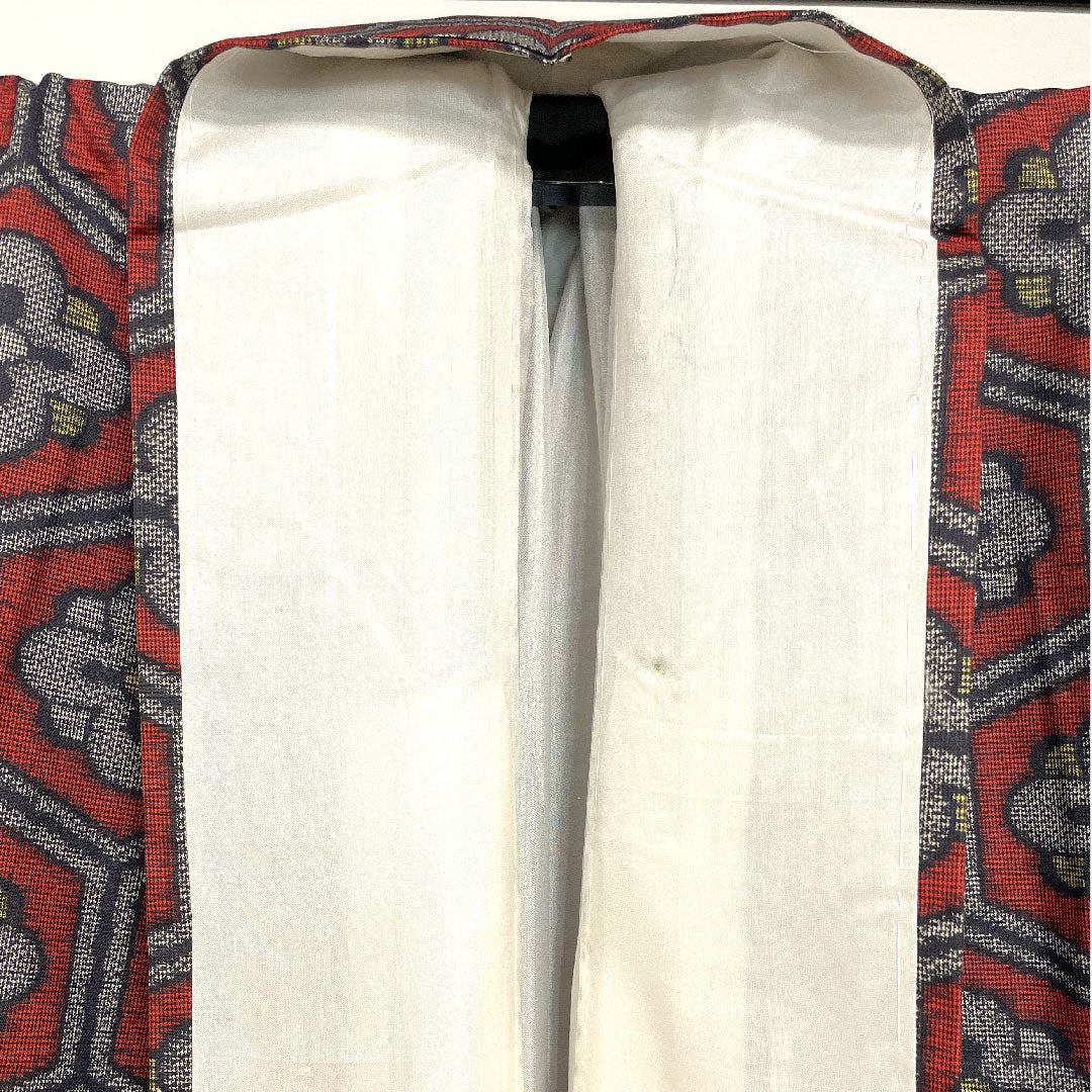 村山大島 身丈151.5cm 裄丈62cm 臙脂色 アンサンブル 亀甲に梅 正絹 Aランク 袷 赤系 1116001633212