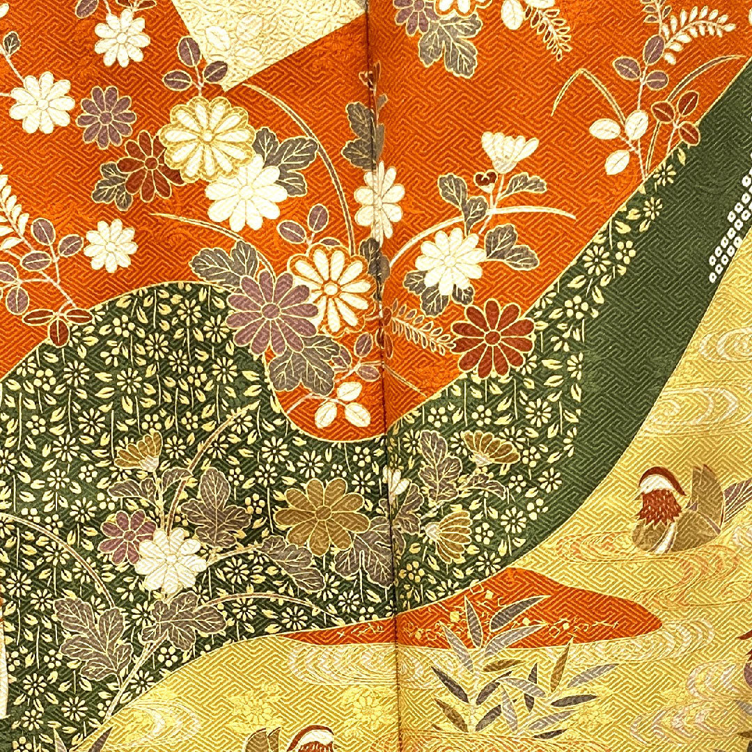 Homongi, pure silk, lined, length 157.5cm, sleeve length 63cm, auspicious motifs, chrysanthemum, pine, Seigaiha, A rank, gradation style, 1112002863399