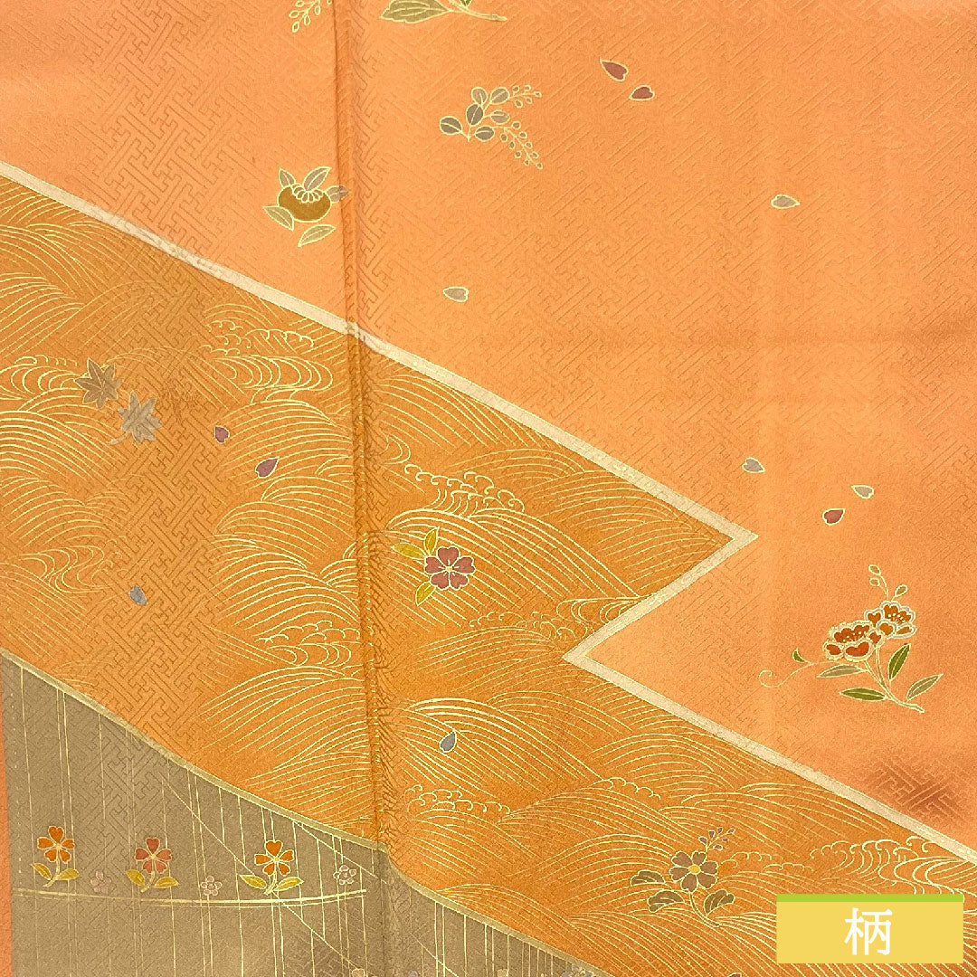 Homongi, pure silk, lined, length 165.5cm, sleeve length 66.5cm, vermilion, Kyoto Yuzen, auspicious motif, A rank, orange, 1112004623526