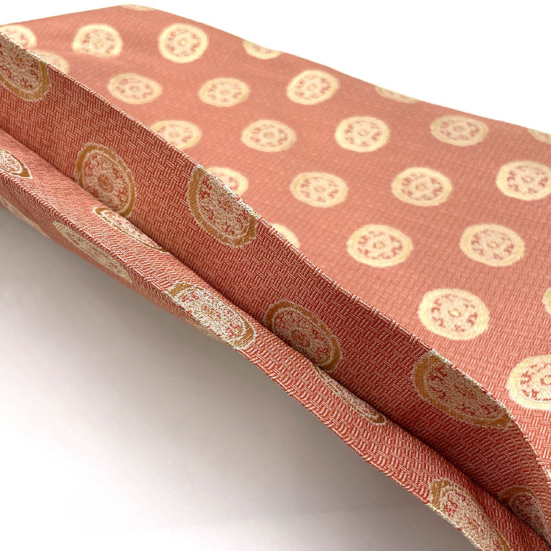 名古屋帯 紅唐色（べにとういろ） 作家物 龍村美術 糸屋輪宝手 帯丈358cm 正絹 Sランク 全通 セミフォーマル 朱系 1124008372316 開き仕立て