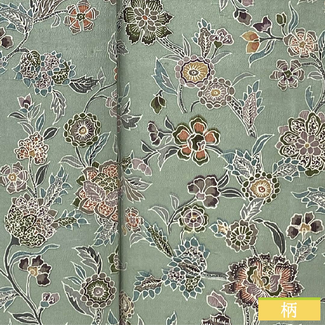 小紋 正絹 Sランク 身丈156.5cm 裄丈63cm 袷 利休鼠色（りきゅうねずみいろ） 更紗 緑系 1115007162319