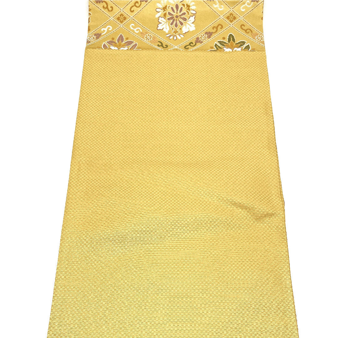 （未仕立）袋帯 花柄 菱 単衣 帯丈452cm 正絹 NEWランク 六通 セミフォーマル 黄系 1123002511423