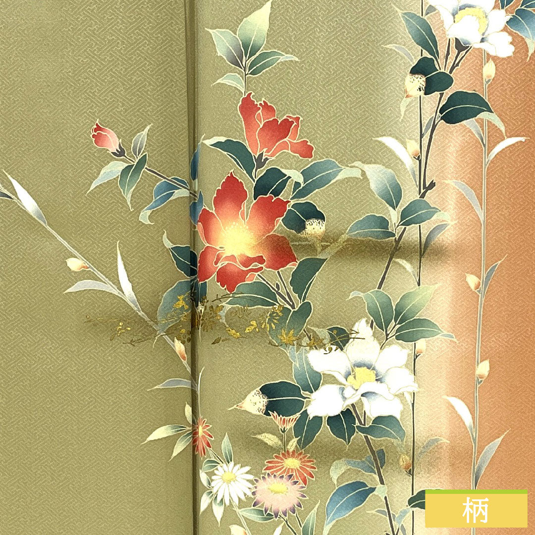 訪問着 正絹 袷 身丈163cm 裄丈68cm 亜麻色（あまいろ） 京友禅 草花模様 Aランク 緑系 1112005963419