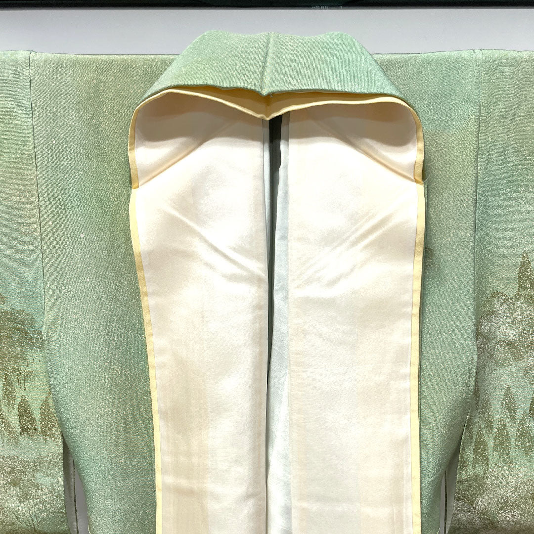 訪問着 袷 身丈156cm 裄丈61.5cm 裏葉色 タタキ染 風景模様 正絹 Aランク 緑系 1112002303319