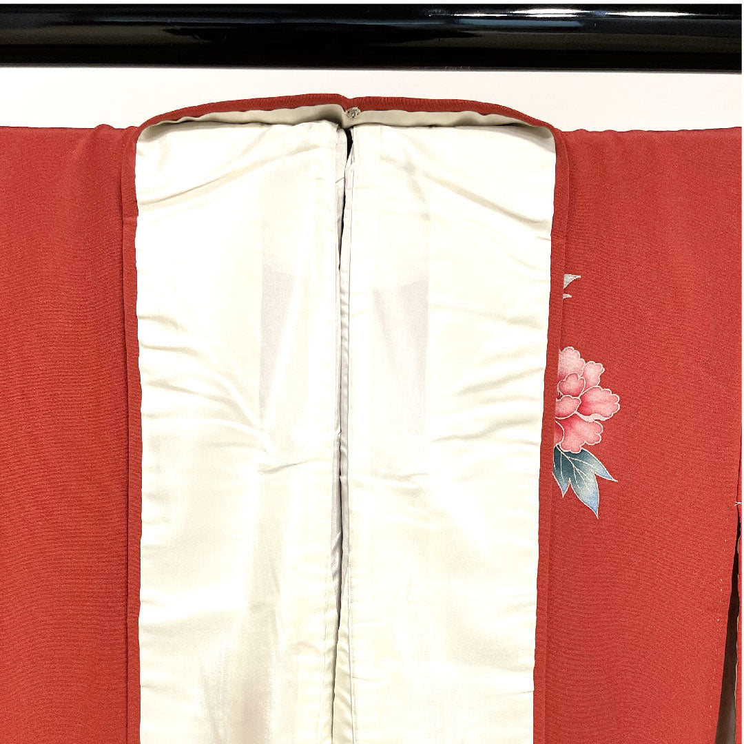 訪問着 袷 身丈158.5cm 裄丈65cm 蘇芳色 孔雀 草花模様 正絹 Aランク 赤系 1112001663312