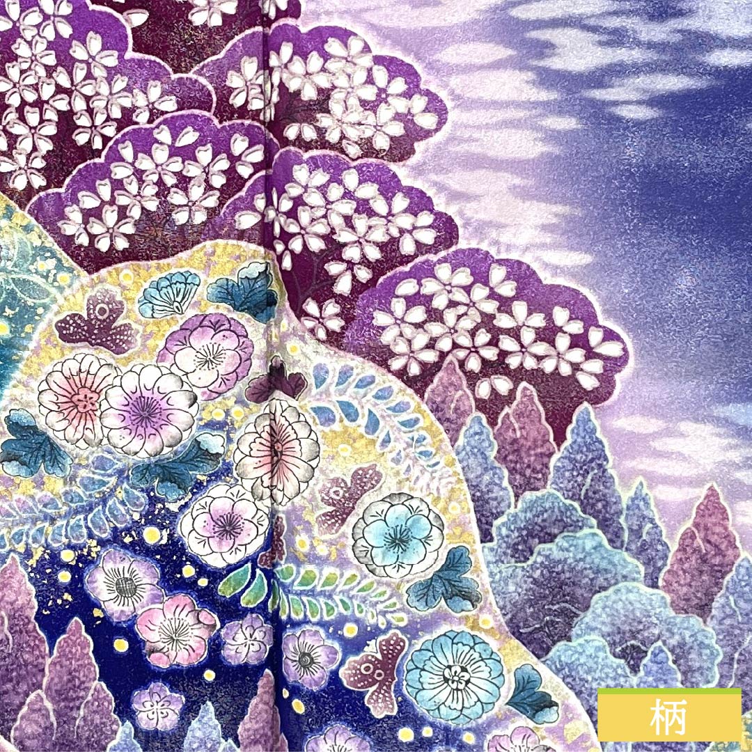 振袖 正絹 Sランク 身丈172.5cm 裄丈68cm 袷 青紫色（あおむらさきいろ） 銀通し 辻が花 遠山 ソフトガード加工 紫系 1113002552620